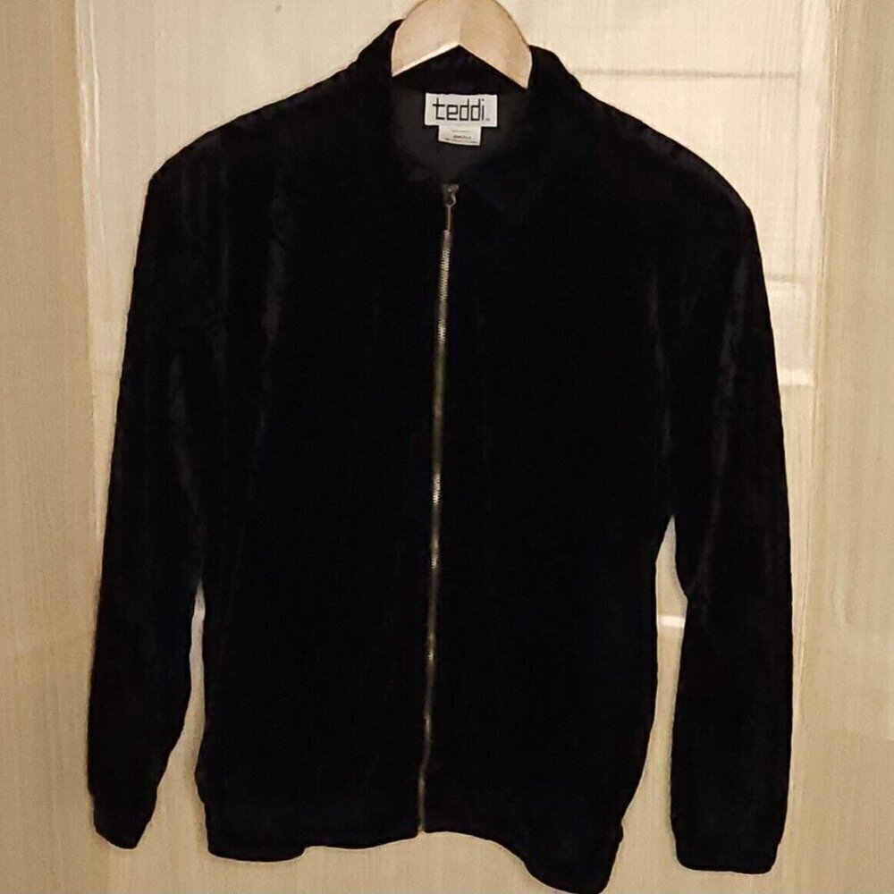 Teddi Vintage Womens Black Velour Full Zip Textured Jacket Small